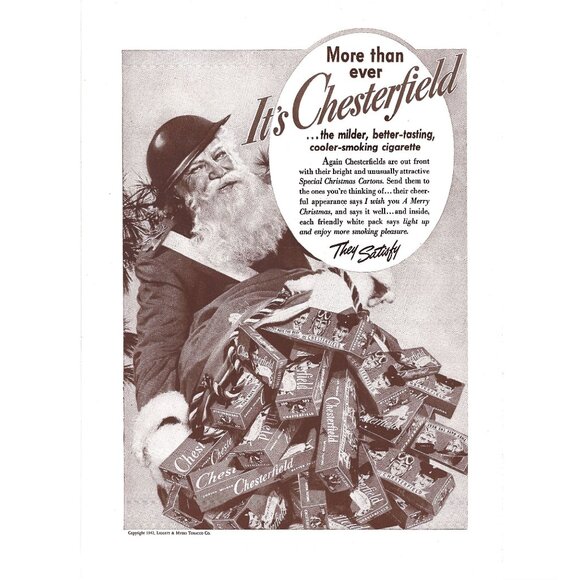 Santa Claus Chesterfield Smoking Cigarette WWII World War II 1940s Print Ad - Picture 4 of 4